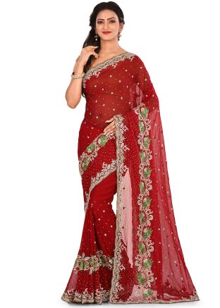 Maroon Georgette Embroidered Bridal Saree