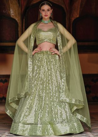 Green Sequined Lehenga Choli In Net