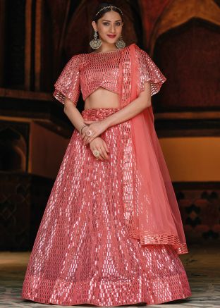 Peach Net Lehenga Choli With Sequins Embroidery