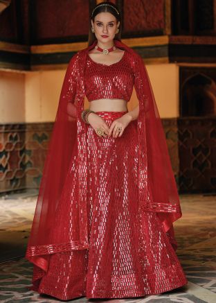 Red Net Lehenga Choli With Sequins Embroidery