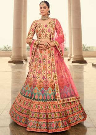 Cream Embroidered Lehenga Choli In Art Silk