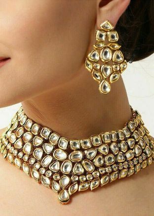 Kundan Studded Golden Necklace With Earrings