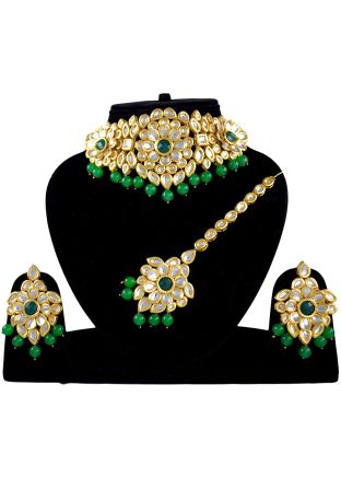 Kundan Studded Green and Golden Choker Necklace Set