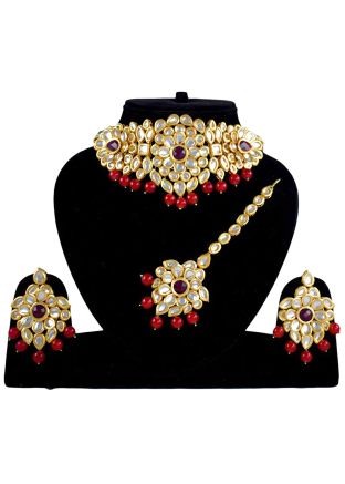 Kundan Studded Golden and Red Choker Necklace Set