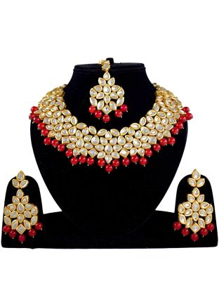 Kundan Studded Golden and Red Necklace Set