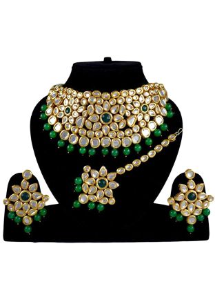 Kundan Studded Green and Golden Necklace Set
