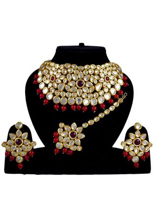 Kundan Studded Golden and Maroon Necklace Set