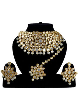 Kundan Studded and Pearl Golden Necklace Set