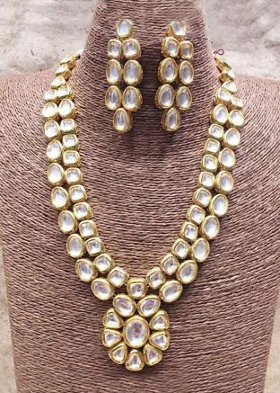 Kundan Studded Layered Golden Necklace With Earrings