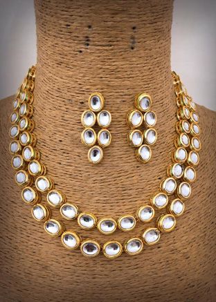 Kundan Studded Layered Golden Necklace With Earrings