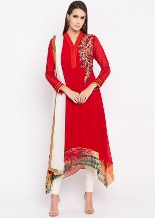 Red Asymmetrical Readymade Georgette Salwar Suit