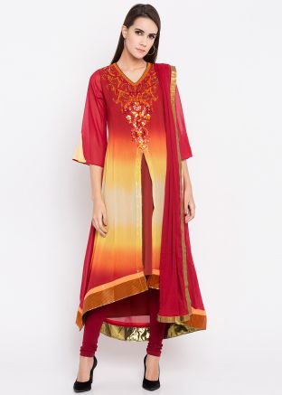 Shaded Red Asymmetrical Georgette Salwar Suit