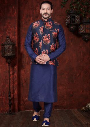 Navy Blue Readymade Kurta Pajama With Nehru Jacket