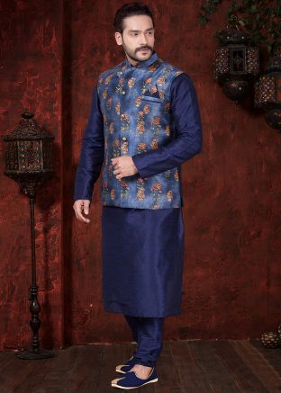 Readymade Navy Blue Kurta Pajama With Nehru Jacket