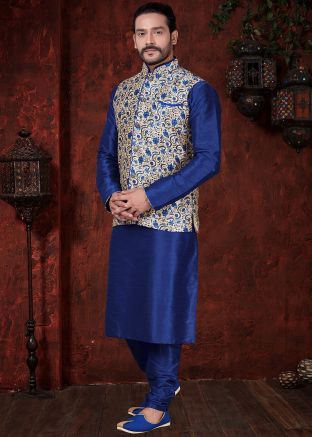 Navy Blue Readymade Kurta Pajama With Nehru Jacket