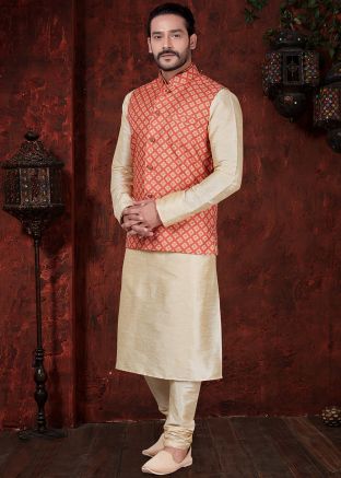 Cream Readymade Kurta Pajama With Nehru Jacket