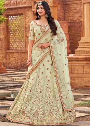 Green Satin Embroidered Lehenga Choli