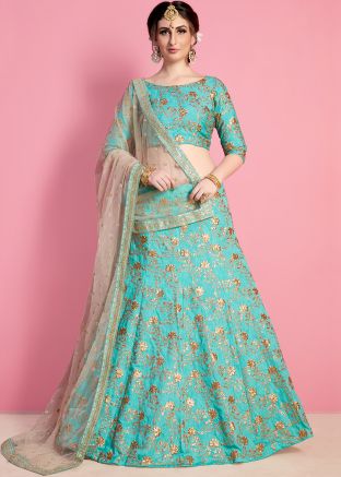 Turquoise Embroidered Art Silk Lehenga Choli