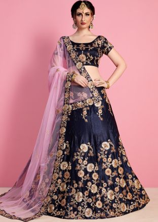 Navy Blue Embroidered Velvet Lehenga Choli