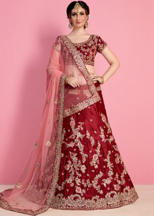 Maroon Embroidered Bridal Velvet Lehenga Choli