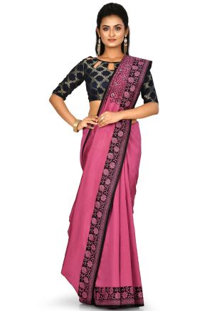Pink Woven Border Banarasi Silk Saree With Blouse