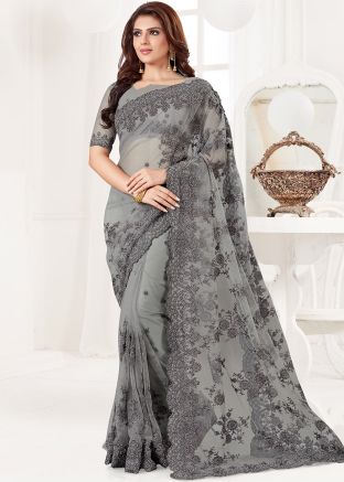 Embroidered Grey Saree With Blouse