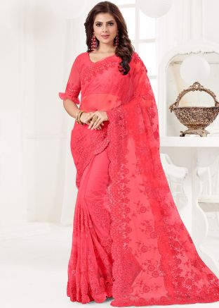 Red Embroidered Saree With Blouse