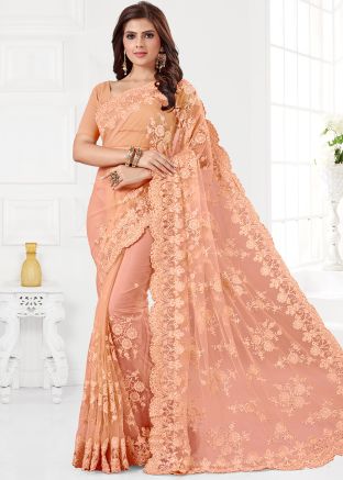 Peach Embroidered Saree With Blouse