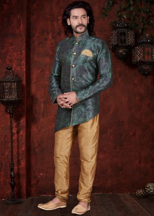 Green Asymmetric Readymade Indo Western Sherwani