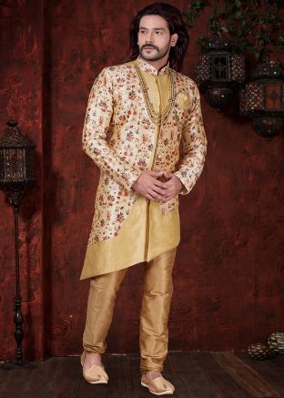 Cream Asymmetrical Readymade Indo Western Sherwani