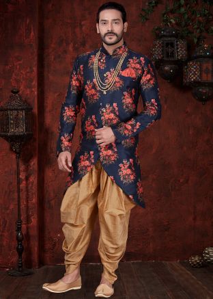 Navy Blue Asymmetric Readymade Sherwani With Dhoti