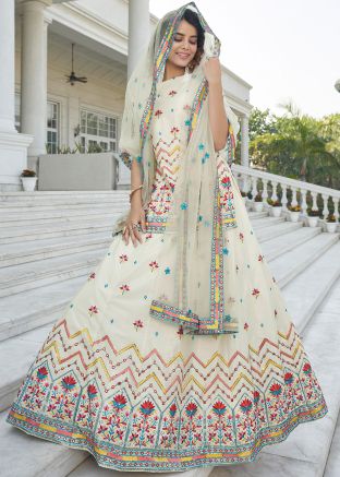 Off White Kurti Style Embroidered Chiffon Lehenga