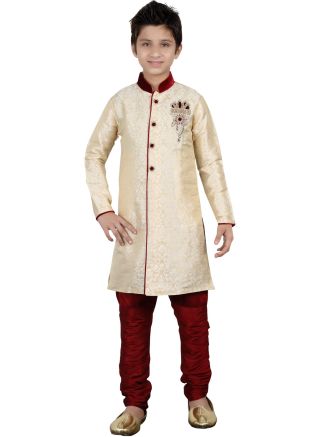 Readymade Cream Brocade Kids Kurta Pajama