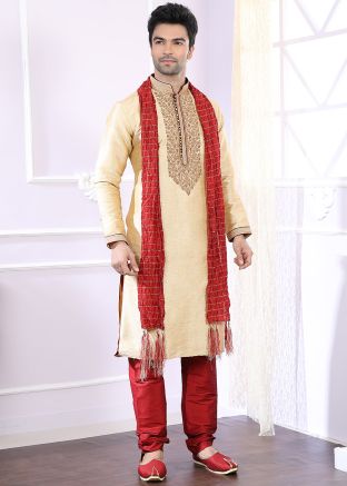 Cream Embroidered Readymade Art Silk Kurta Pajama