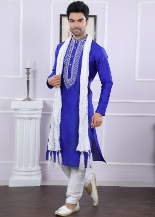 Blue Readymade Jacquard Kurta Pajama