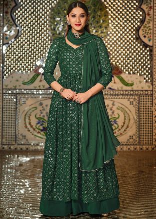 Green Sequined Kurti Style Lehenga In Georgette