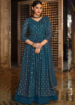 Blue Embroidered Kurti Style Lehenga In Georgette