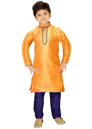 Yellow Readymade Kids Embroidered Kurta Pajama 