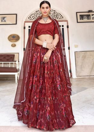 Red Organza Floral Print Pleated Lehenga With Dupatta