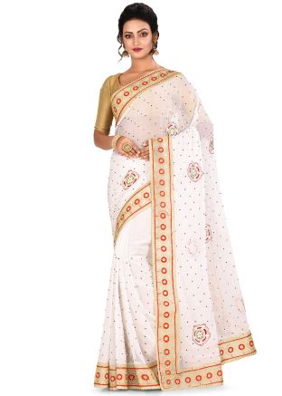 White Chiffon Heavy Border Saree