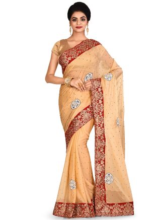 Beige Lycra Heavy Border Saree