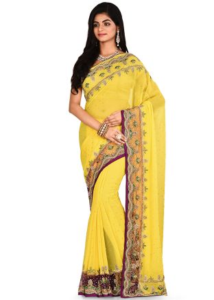 Yellow Georgette Heavy Border Saree