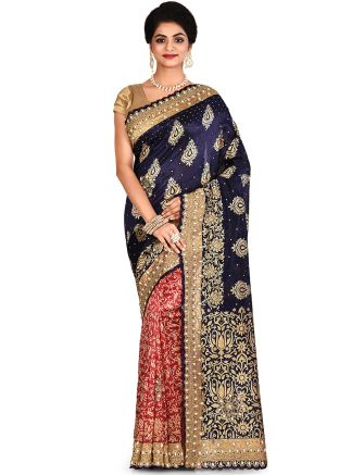 Navy Blue Red Half N Half Heavy Border Saree