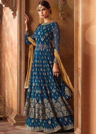 Blue Embroidered Flared Kurti Style Lehenga