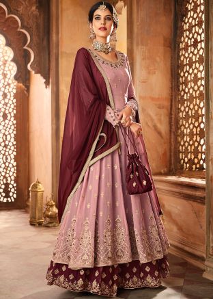 Mauve Purple Embroidered Flared Kurti Style Lehenga