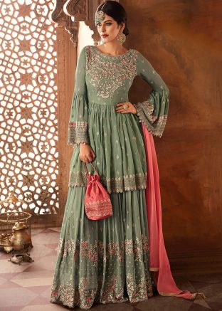 Green Embroidered Bell Sleeved Sharara Suit