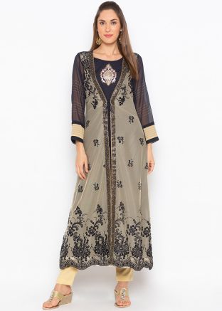 Navy Blue Embroidered Jacket Style Kurta Pant Set