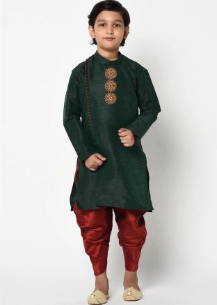 Green Embroidered Angrakha Style Kids Kurta Dhoti Set