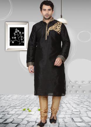 Black Dupion Silk Readymade Kurta Churidar