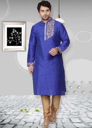 Blue Dupion Silk Readymade Kurta Churidar